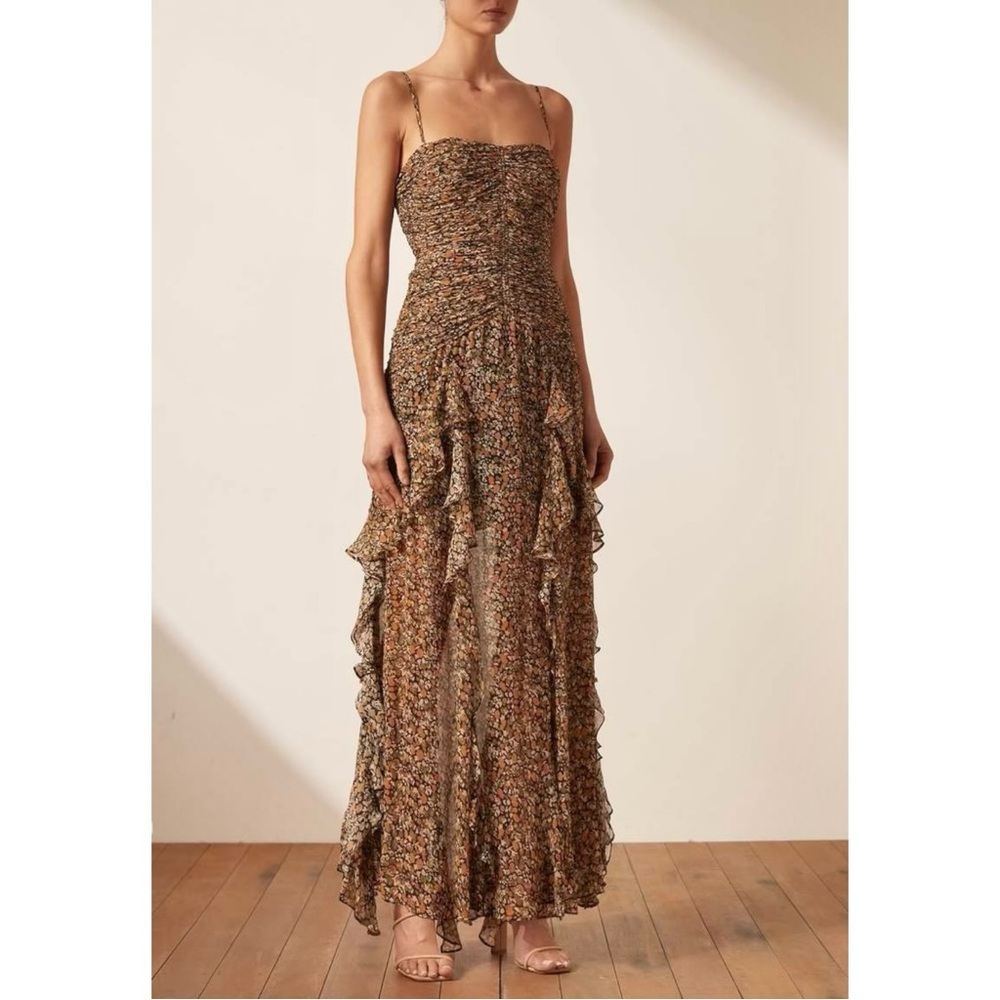 Shona Joy Paloma Ruched Frill Black Orange Floral Semi Sheer Strappy Maxi Dress